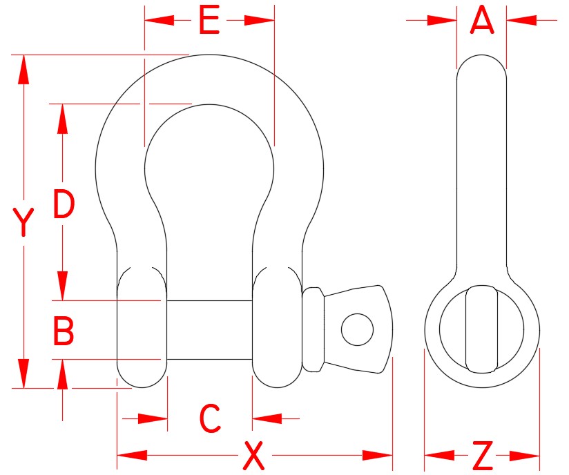 Stainless Steel Anchor Shackle, S0116-FS05, S0116-FS07, S0116-FS08, S0116-FS10, S0116-FS12, S0116-FS13, S0116-FS16, S0116-FS20, S0116-FS22, S0116-FS25, S0116-FS32, Line Drawing